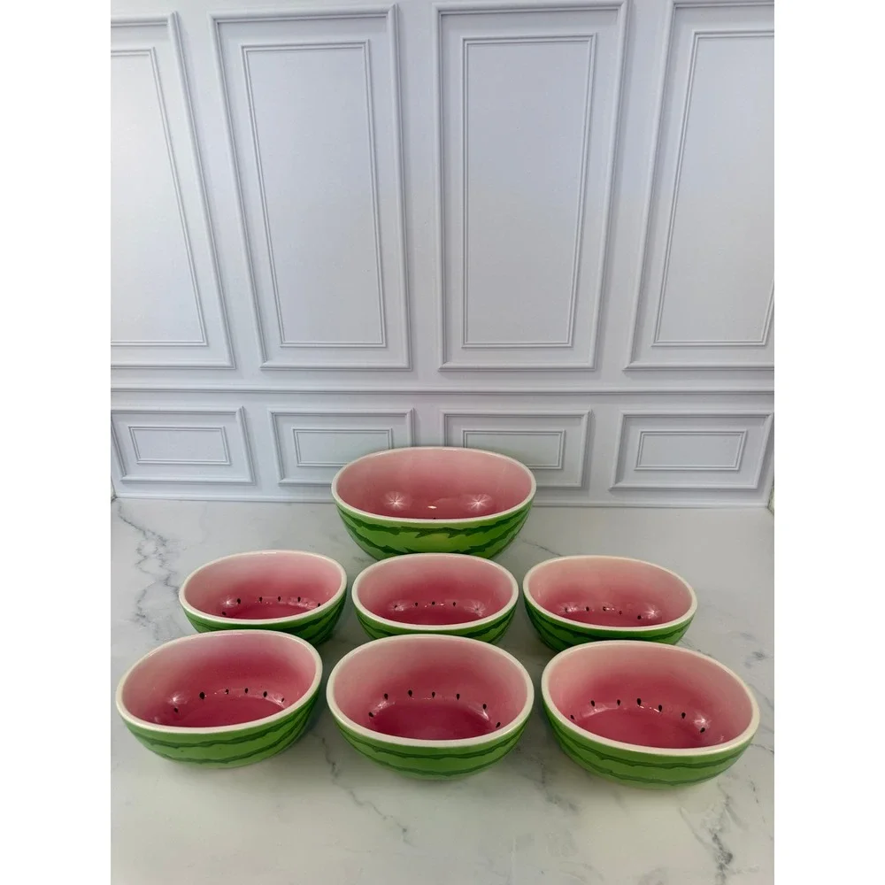 VTG Pier 1 Imports Watermelon Serving Bowl + 6 Small Bowls~RARE 7 piece Set!!